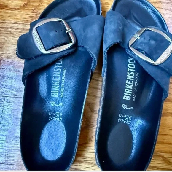 Birkenstock Dark Suede Sandals with Silver Buckle - Picture 1 of 4